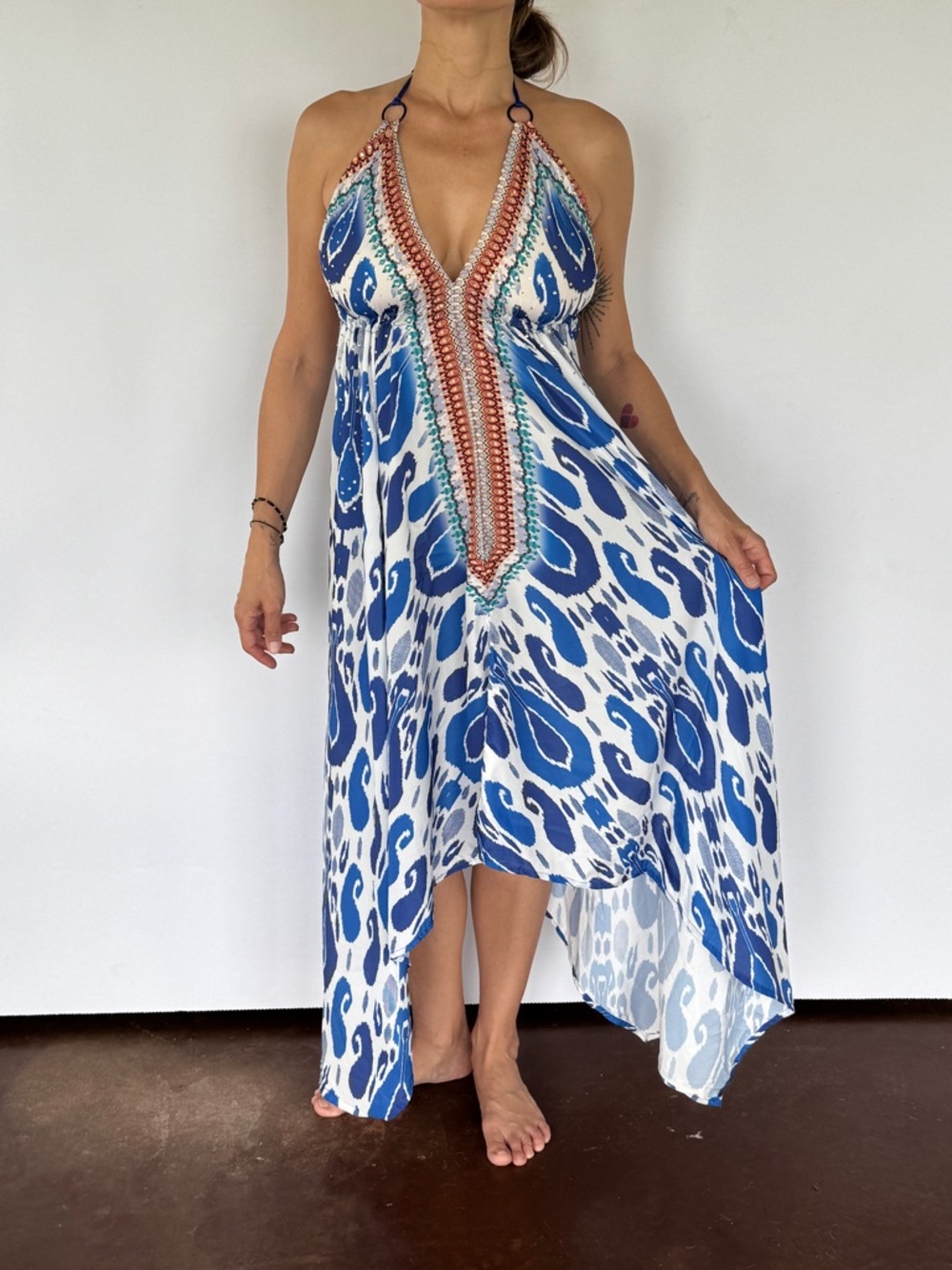 Blue & White Halter V-Neck Maxi Dress with Embroidered Trim